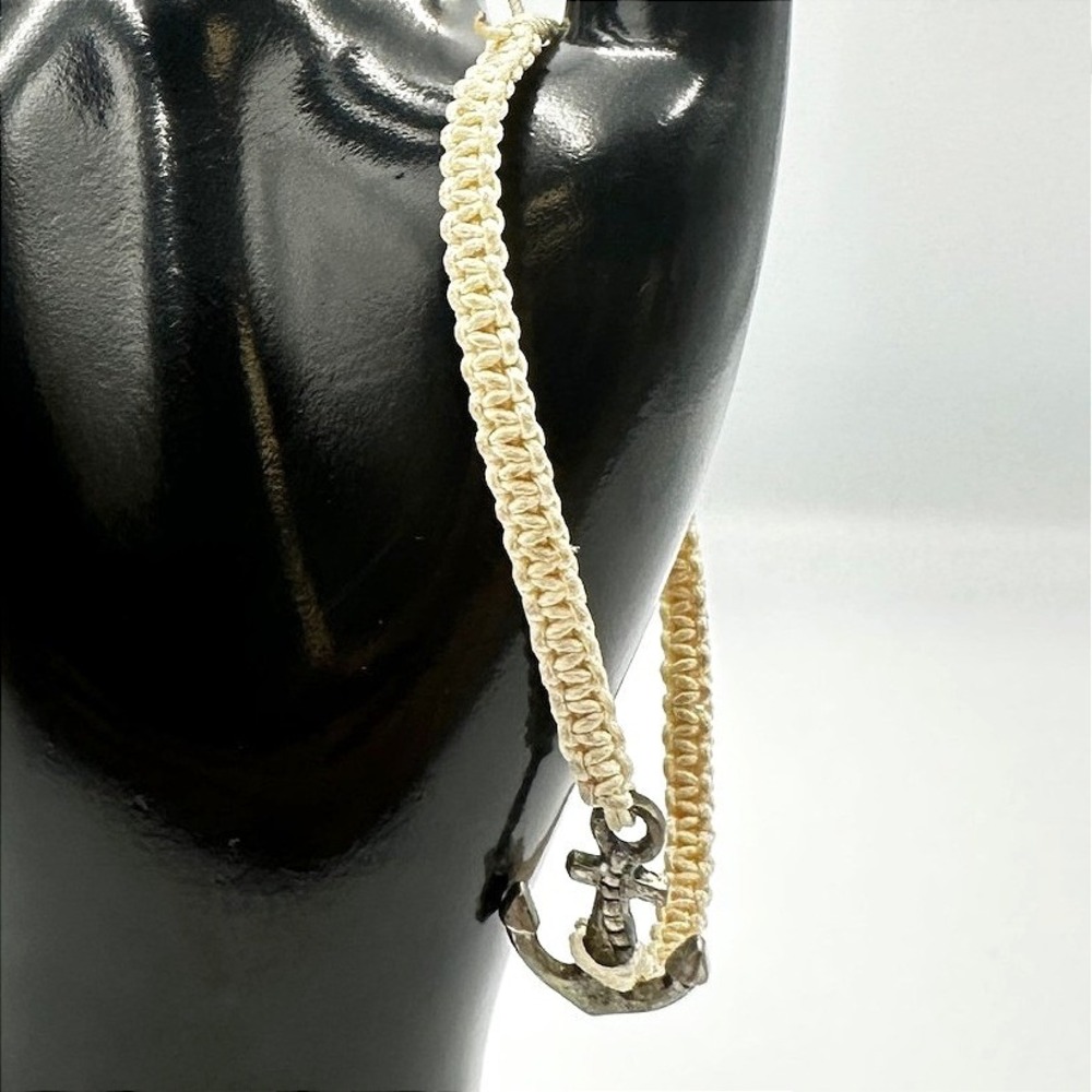 Vintage Cream Macrame Cord Bracelet Silver Tone Nautical Anchor Charm Woven Boho